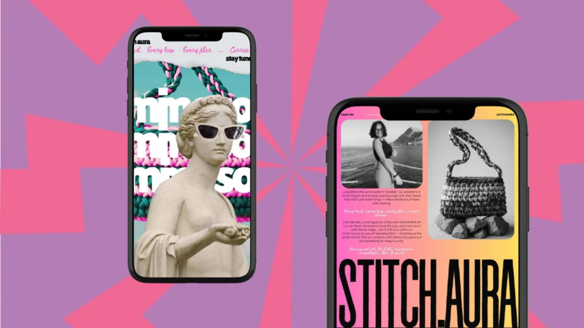 Stitch Aura campaign shown on two phone screens against a pink and purple burst