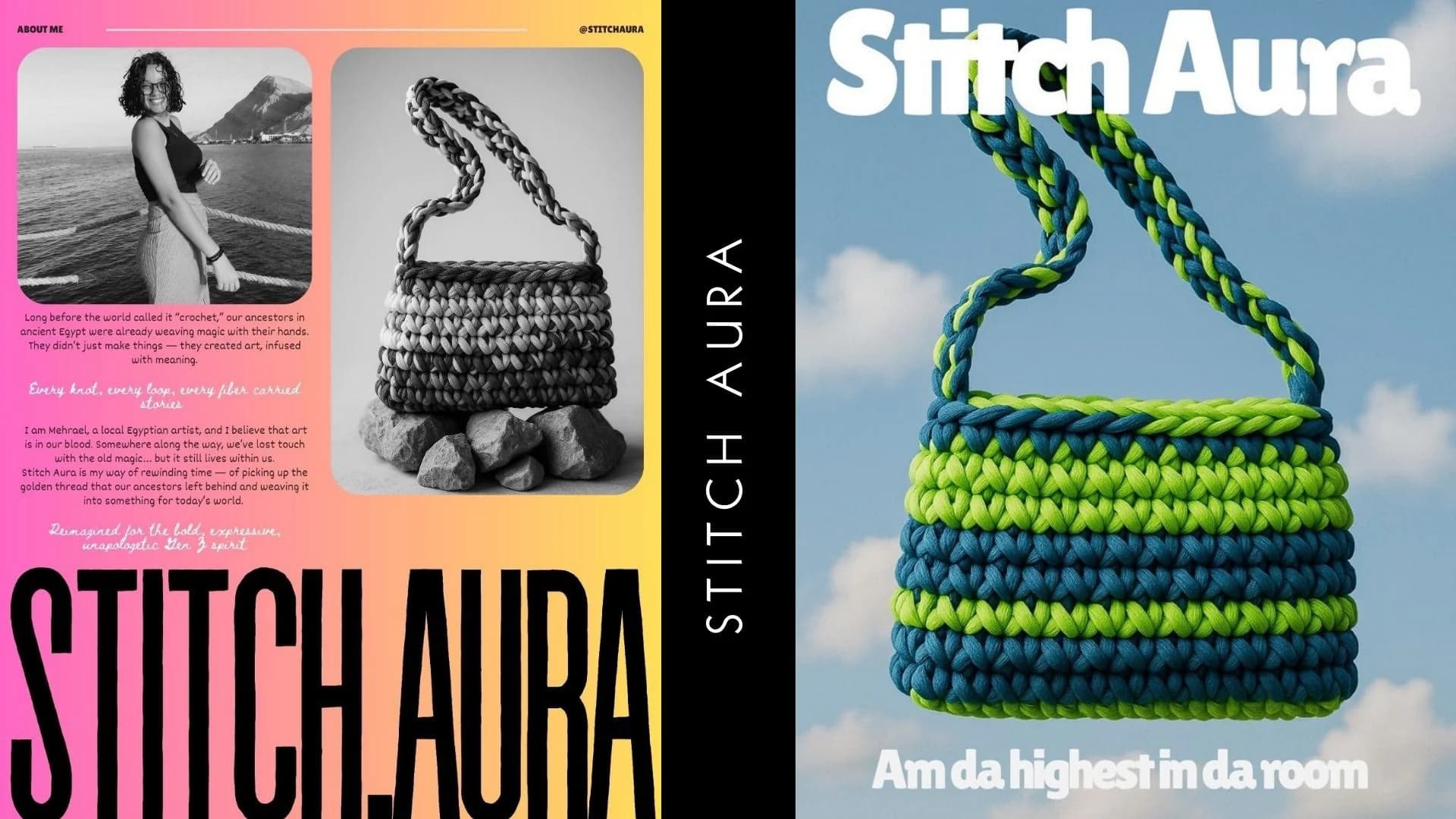 Stitch Aura posts pairing crochet bags with bold type