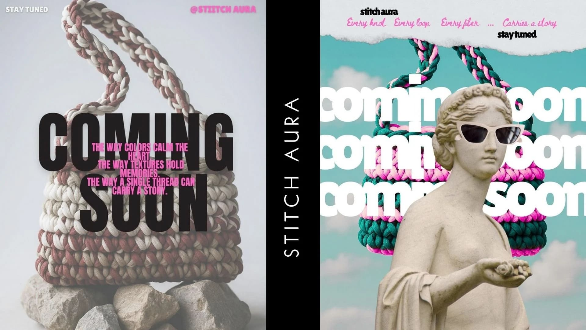 Stitch Aura coming-soon posts with a crochet bag on a classical bust