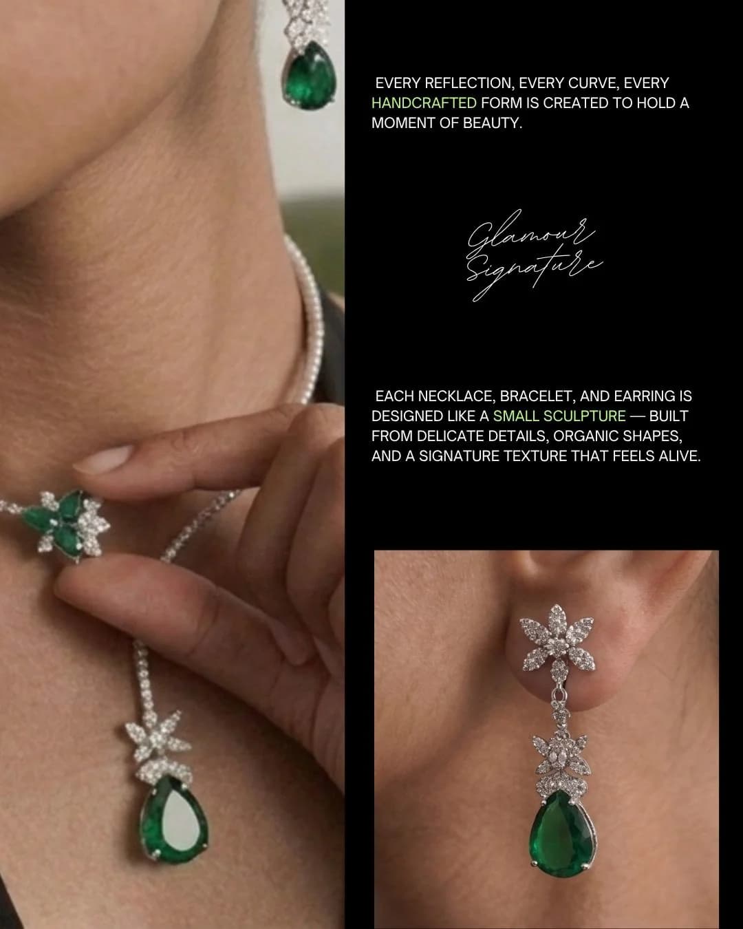 Glamour posts showing emerald drop earrings on black