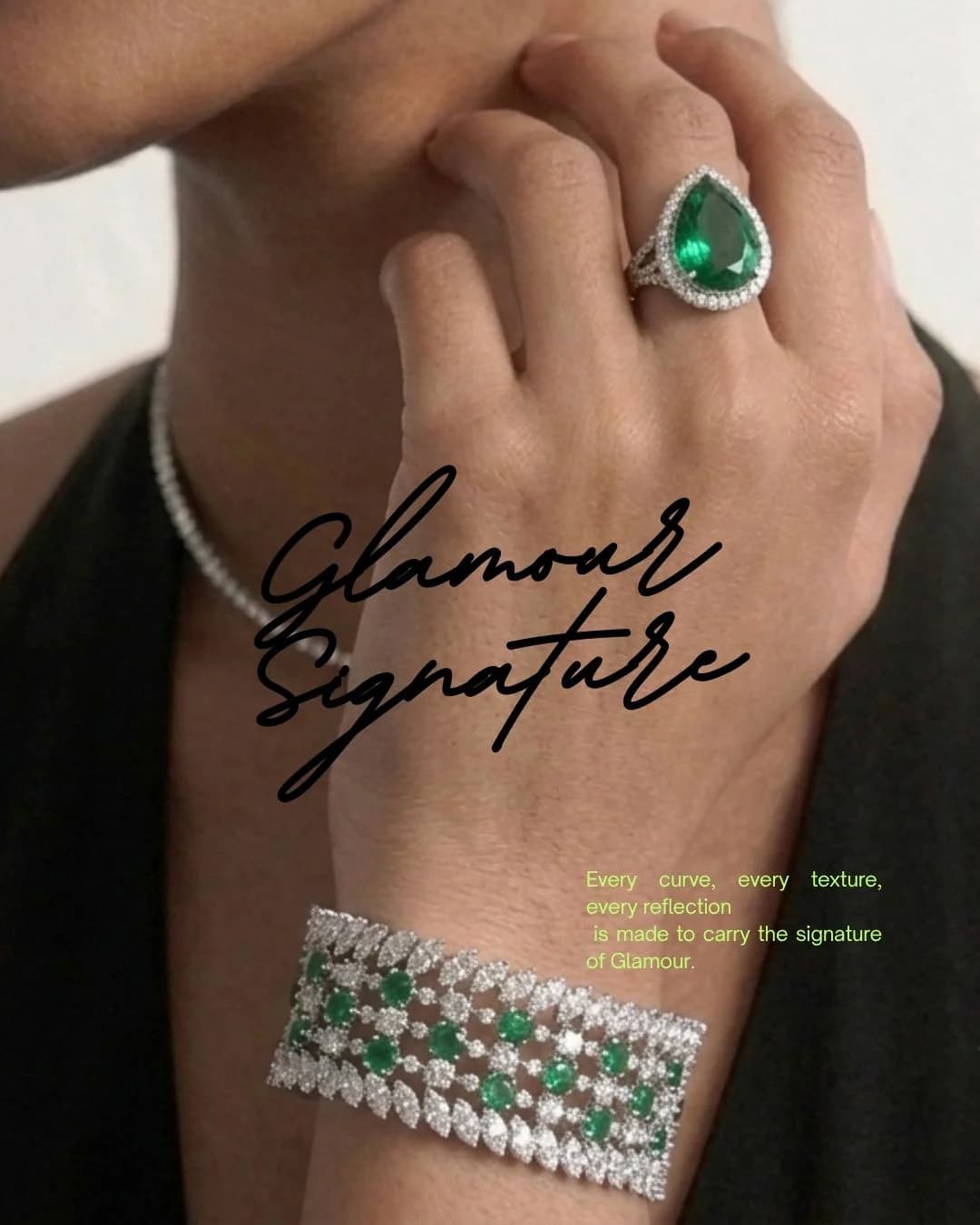 Glamour Signature post with the emerald ring and diamond bracelet