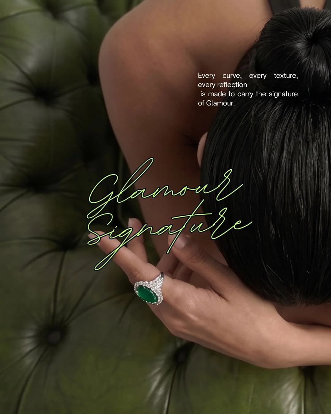 Glamour Signature post of the model on a green velvet sofa