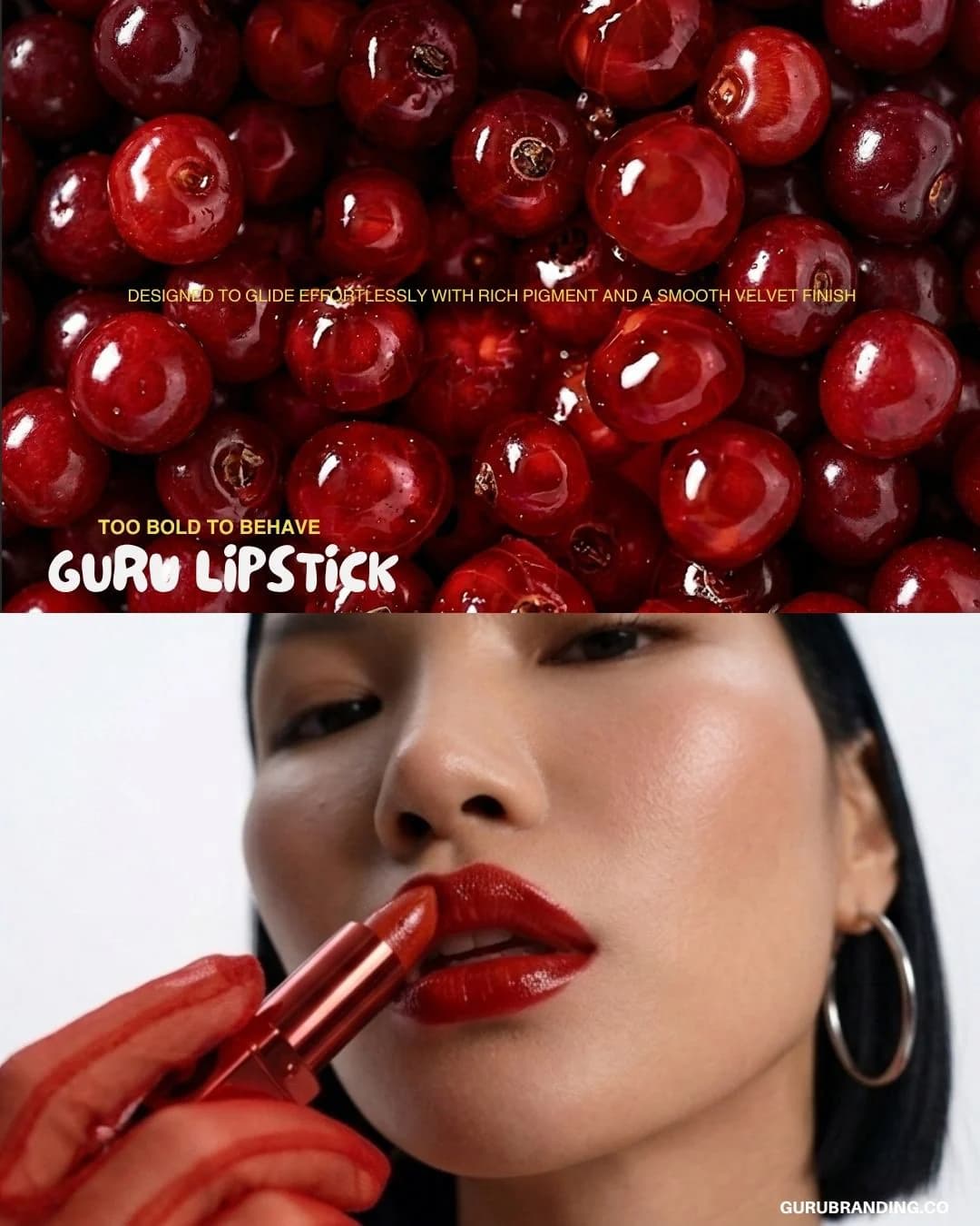 GURU post of the model biting a cherry beside the product claims