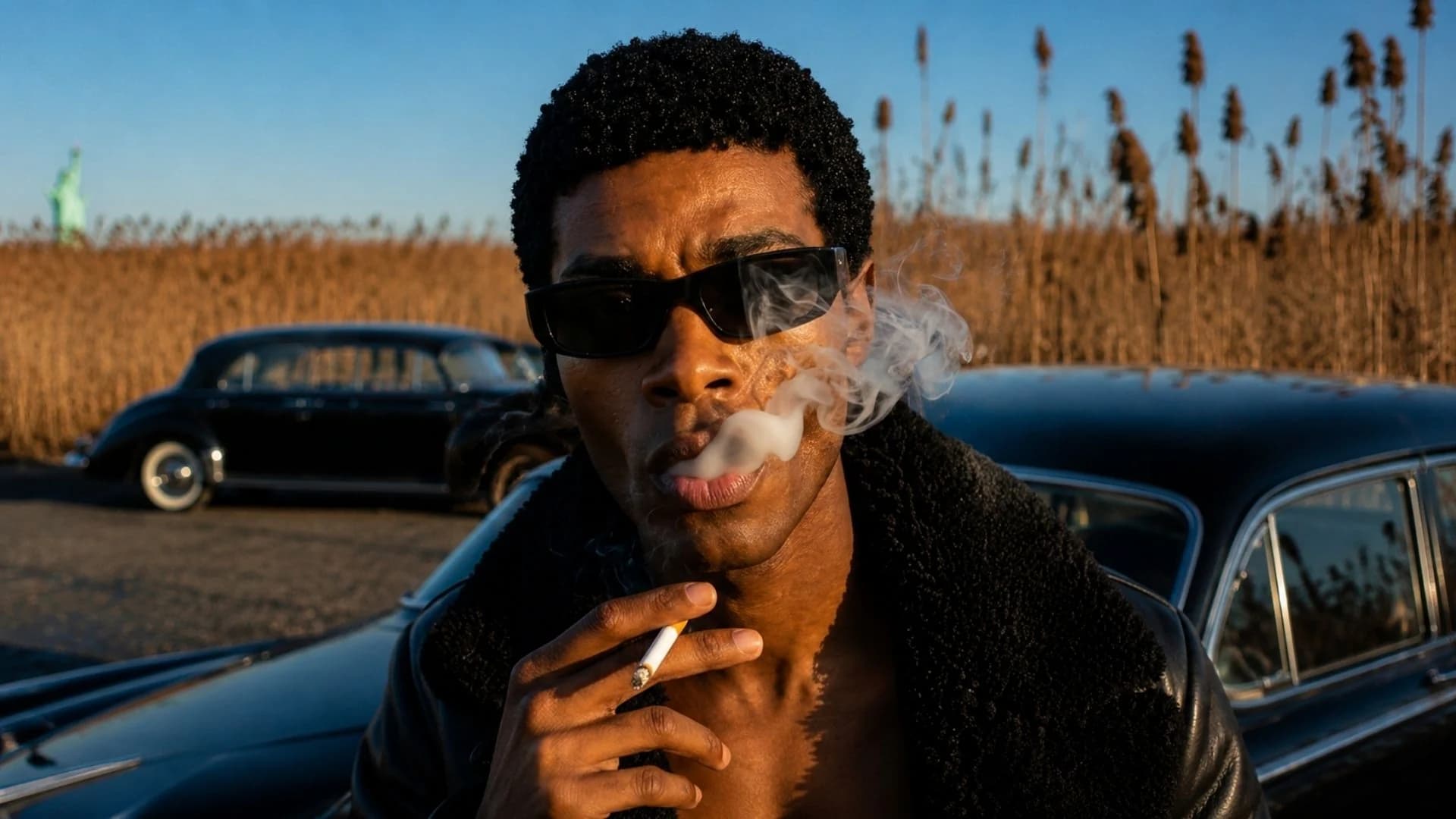 Model smoking beside a vintage car at golden hour in a reed field