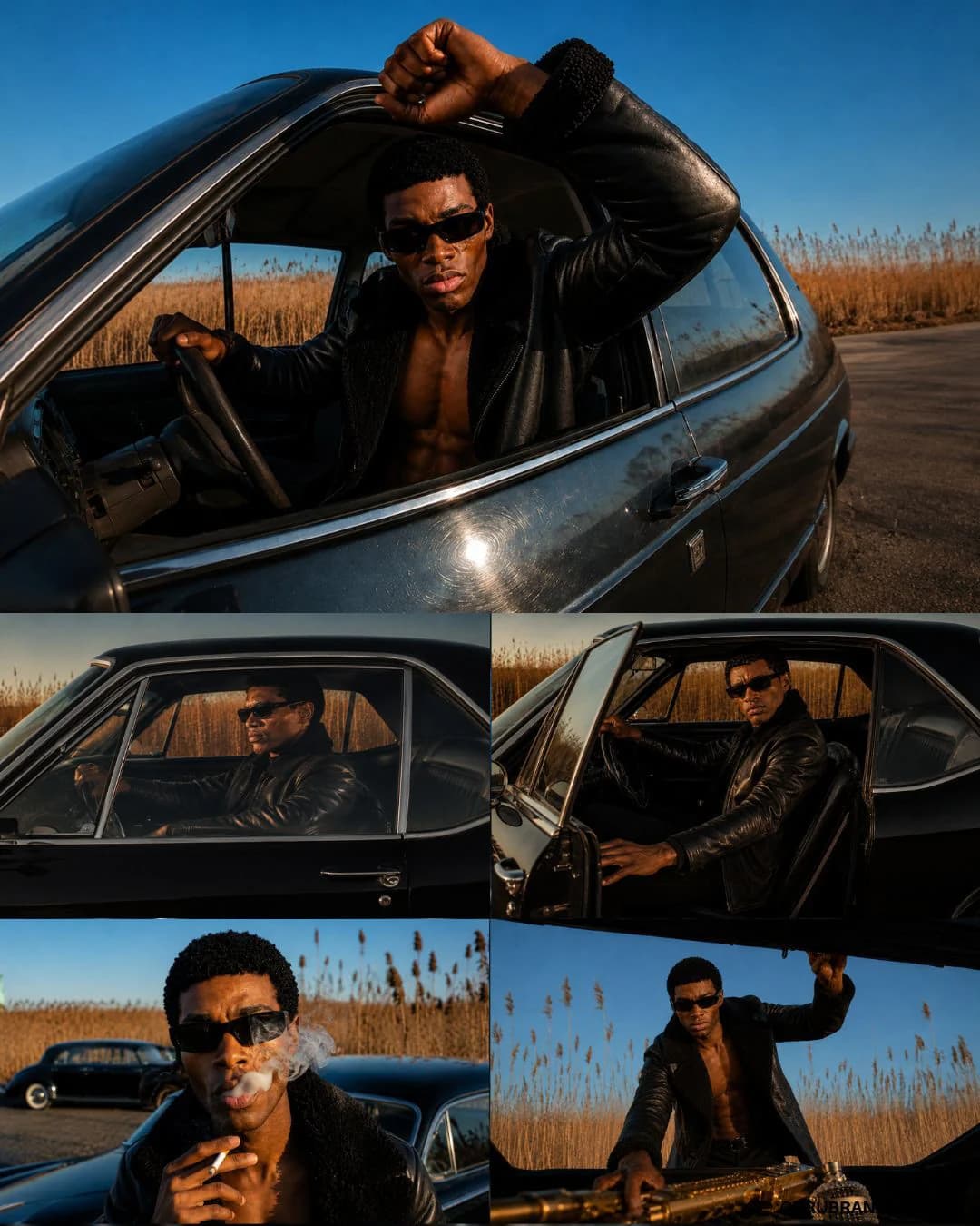 Frames of the model leaning through a car window at dusk