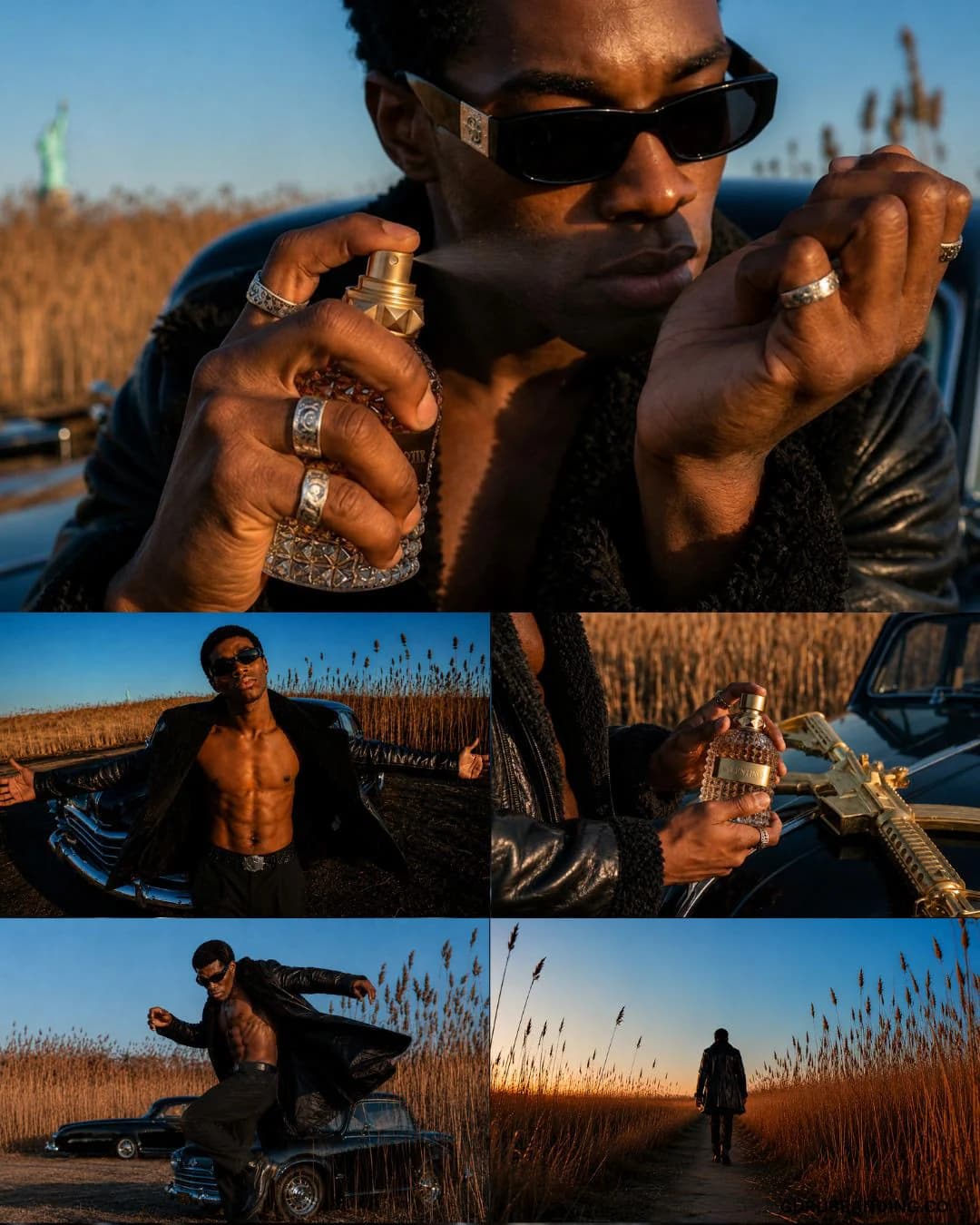 Frames of the model in the reed field at sunset