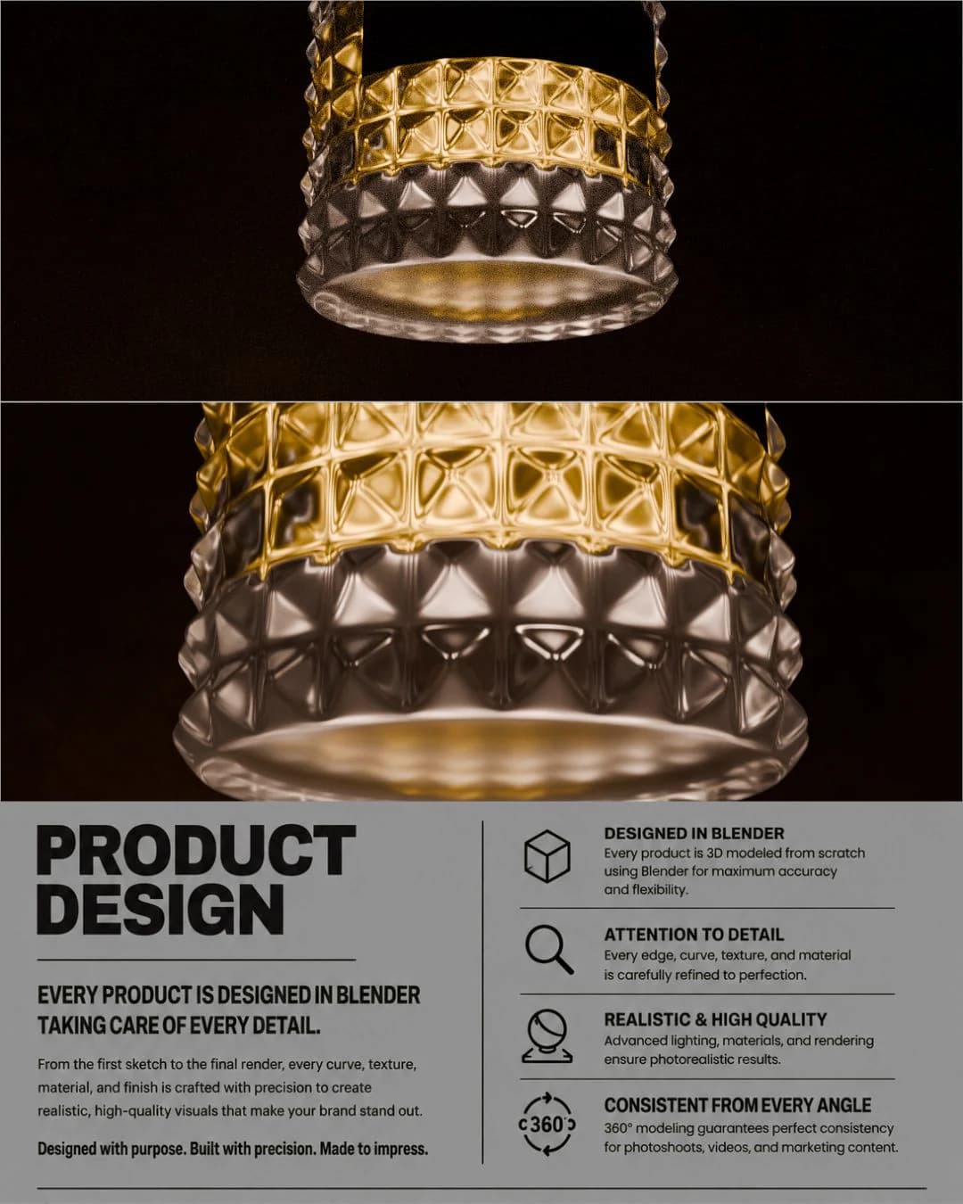 Product design board beside the studded gold cap of the bottle