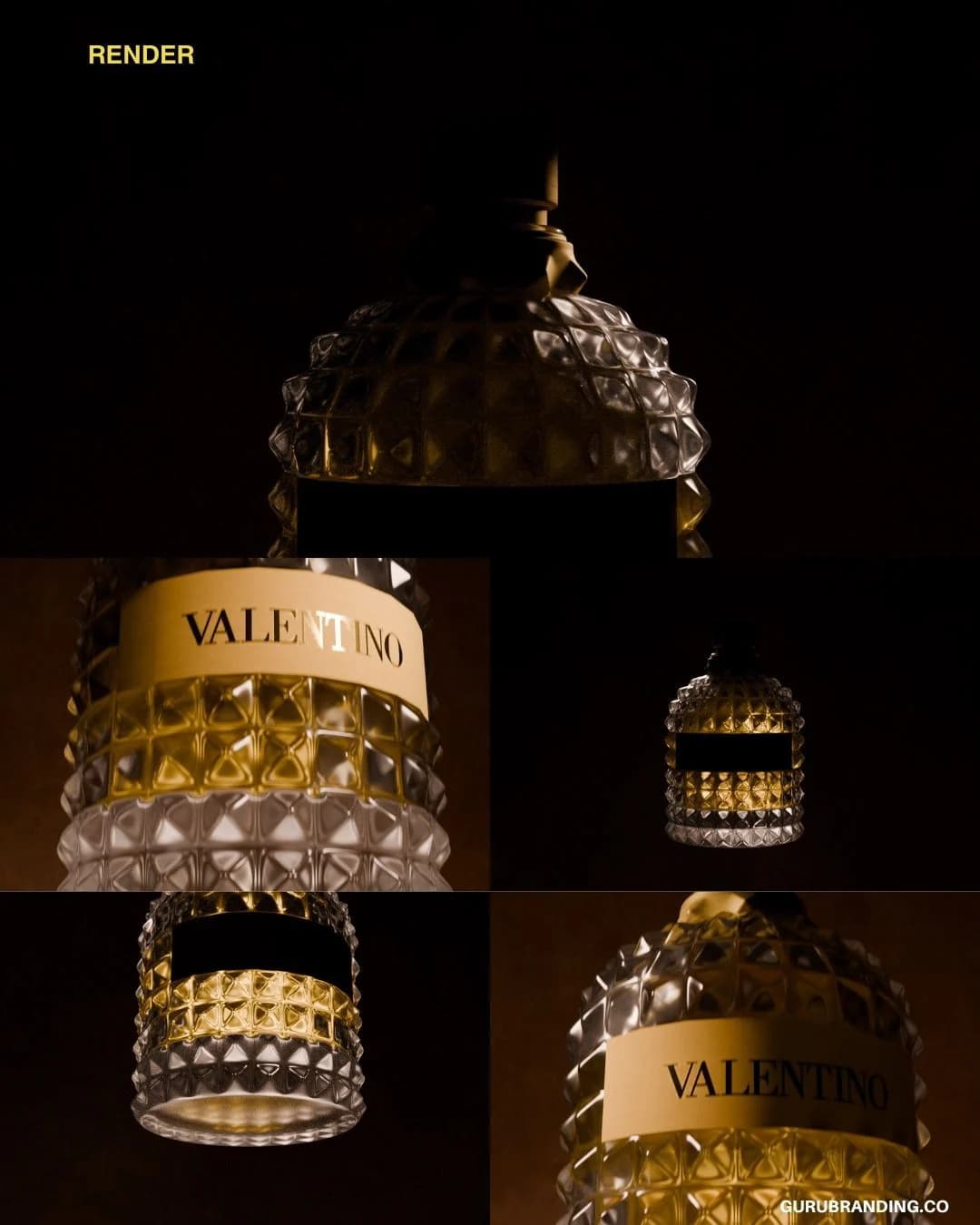 Render board of the Valentino Uomo Gold bottle and its crown-shaped cap