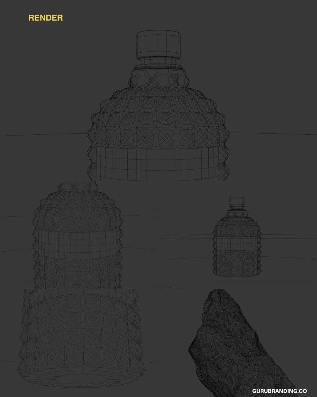 Wireframe render board of the bottle and cap geometry