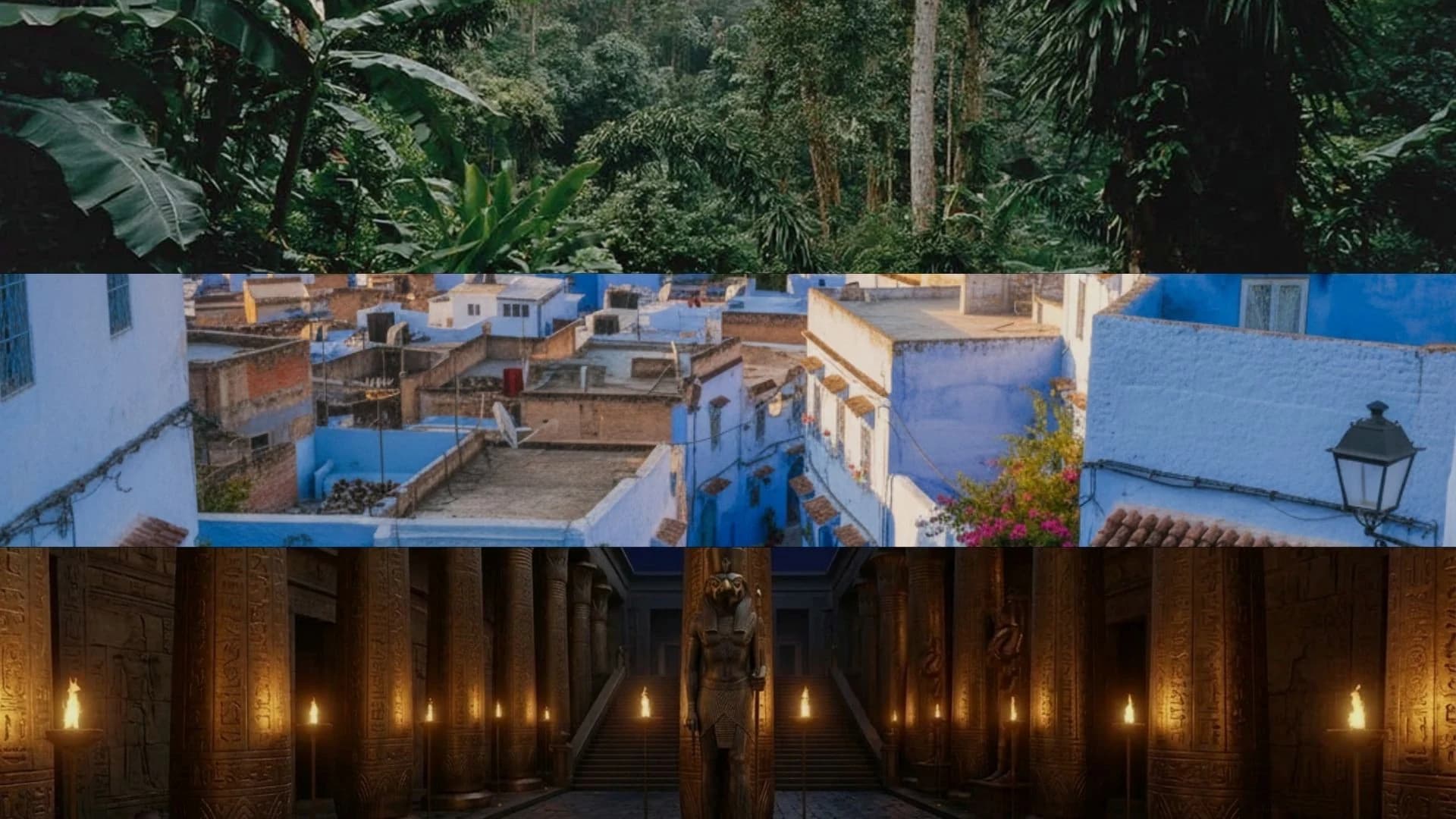 Three digital locations stacked: a jungle, a blue Moroccan rooftop and a candlelit hall