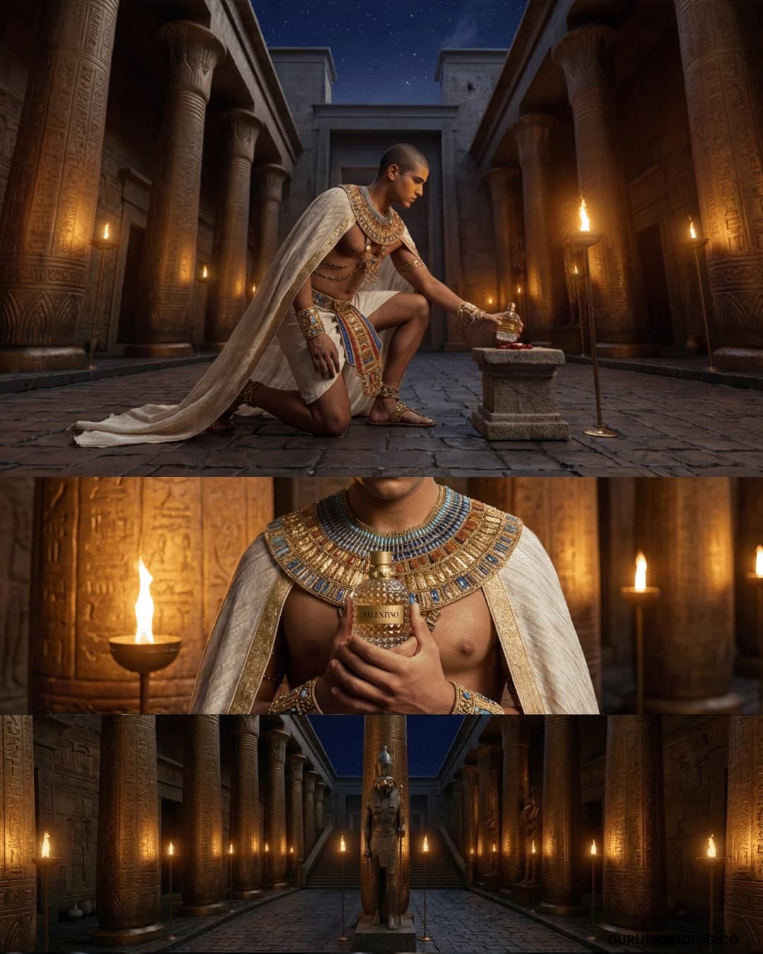 Model in an Egyptian-styled candlelit hall, above a second frame in gold