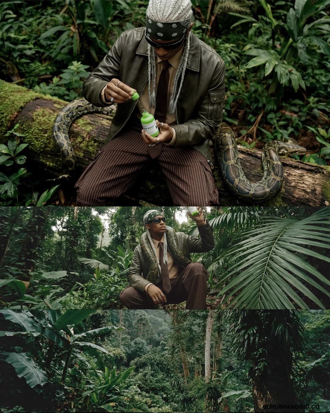 Model in explorer dress in a rebuilt jungle, above a second jungle frame