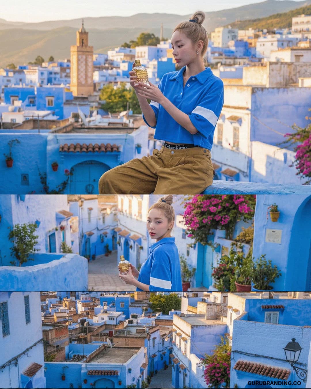 Model on a blue Chefchaouen rooftop, above further frames of the blue city