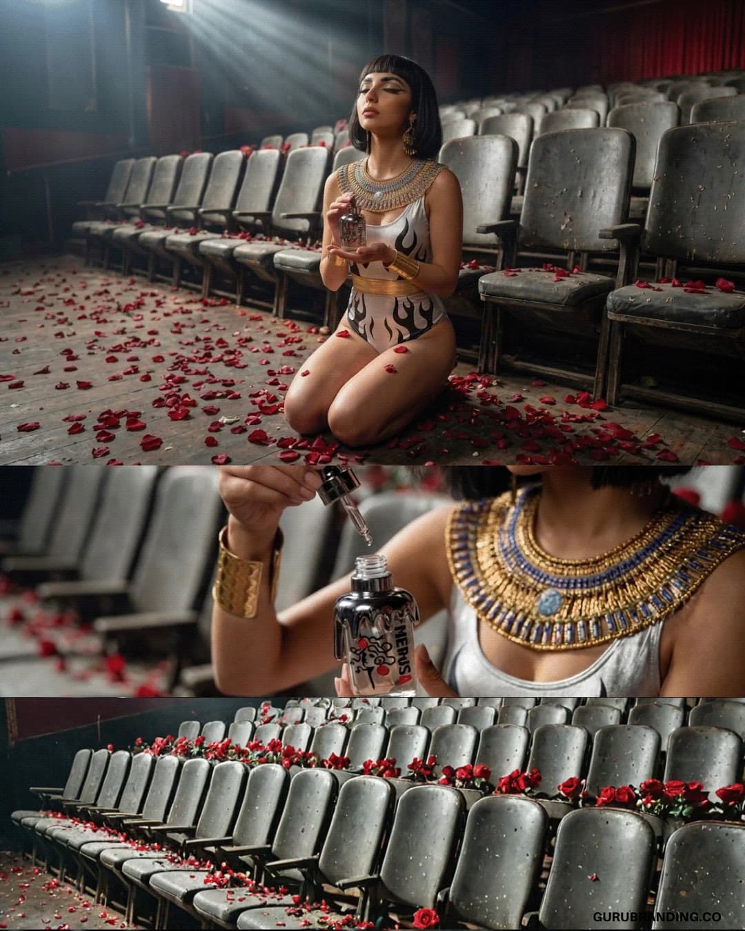 Model in an amphitheatre strewn with petals, above jewellery close-ups