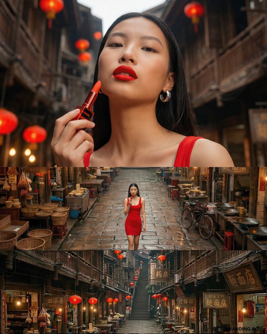 Model applying lipstick in a lantern-lit street, above a red-dress frame