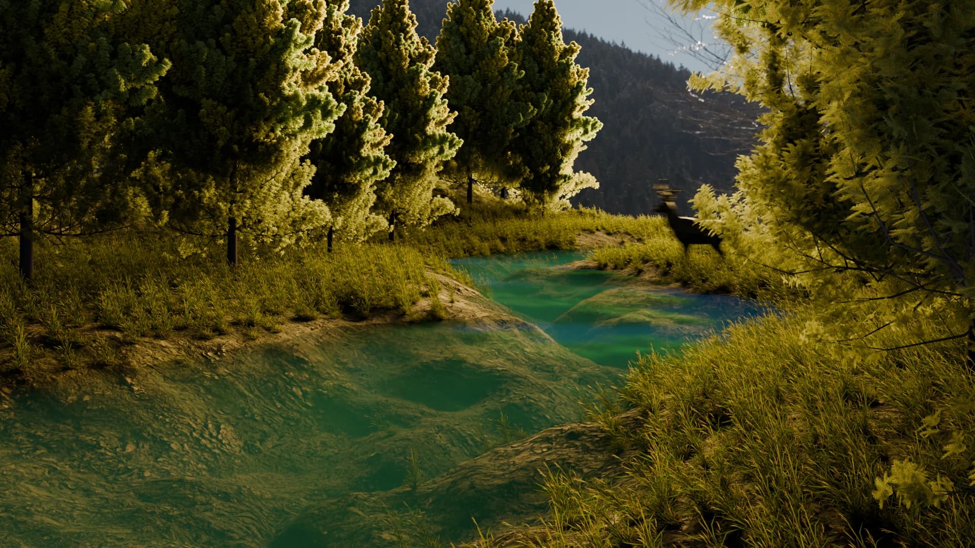 Procedural mountain valley with a turquoise river running through grass
