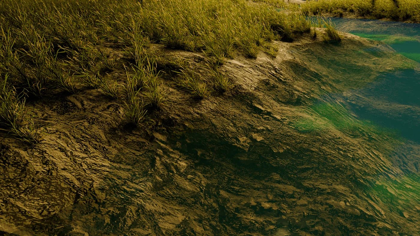 Close view of wind-blown grass along the riverbank