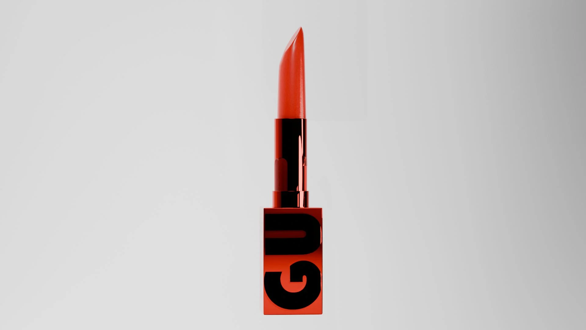 The GURU lipstick bullet standing upright on a pale grey backdrop