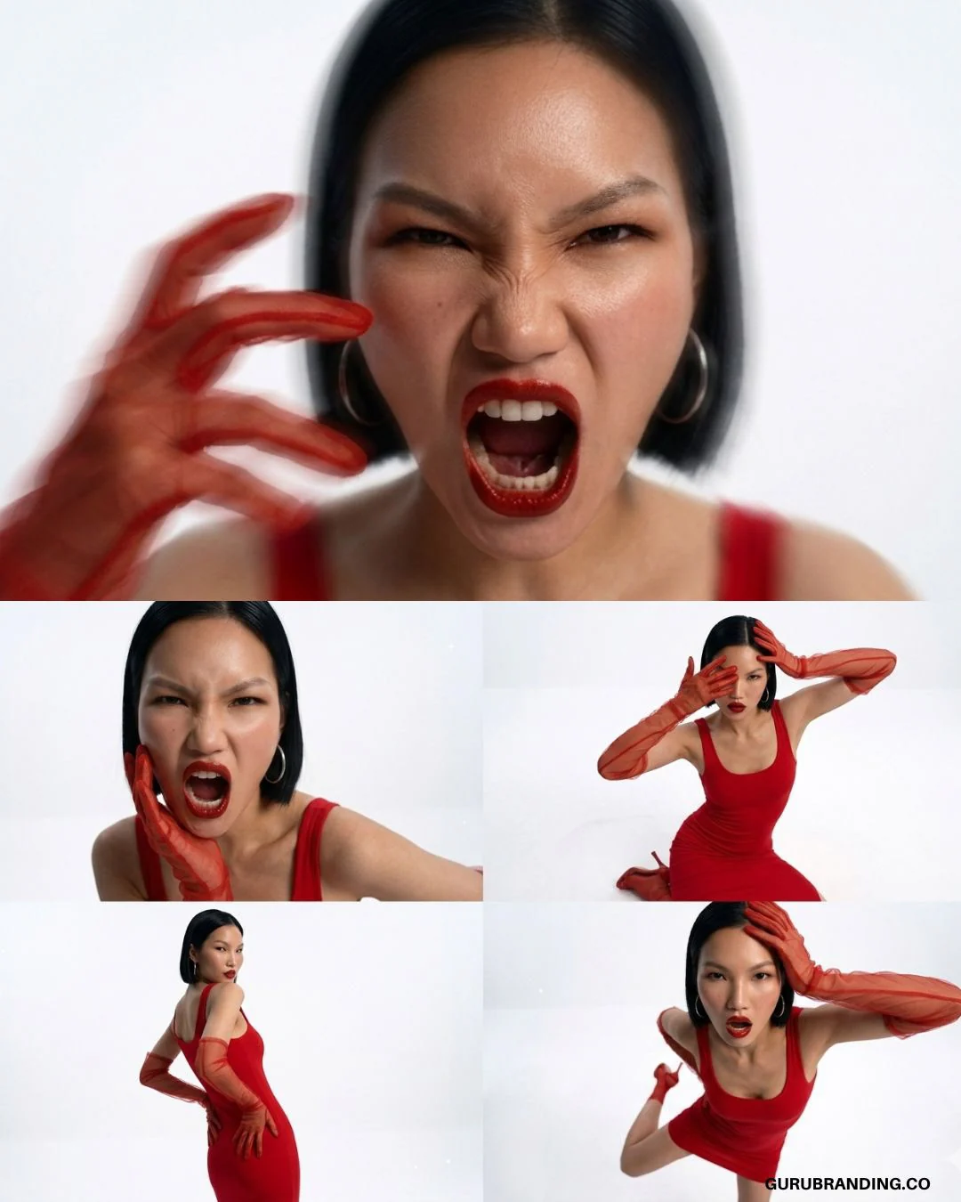 Frames of the model shouting and posing in red against white