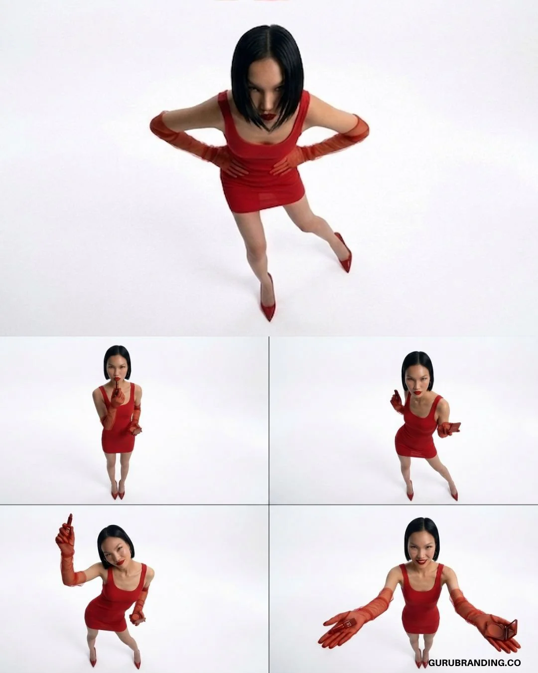 Frames of the model photographed from above in a red dress