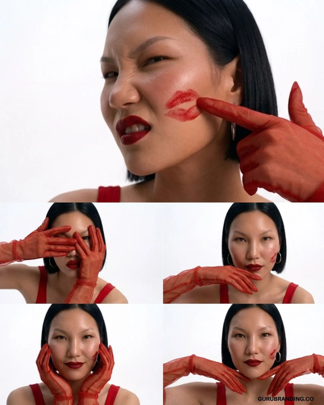 Frames of the model with red-painted hands framing her face