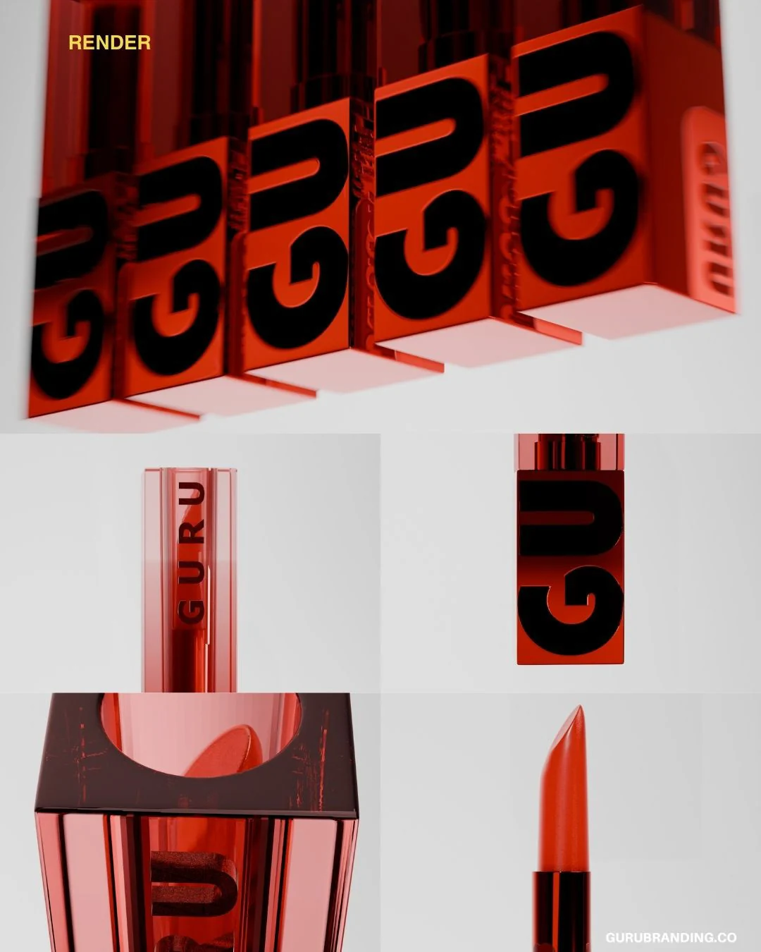 Render board of the GURU wordmark, the open case and the bullet