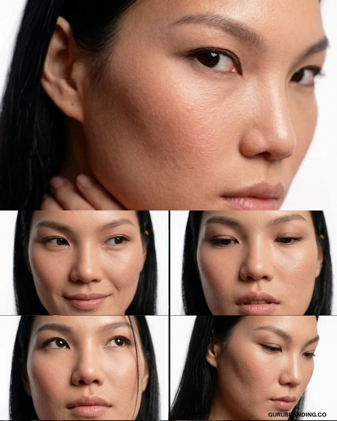 A neck and chin study paired with four directed expression frames