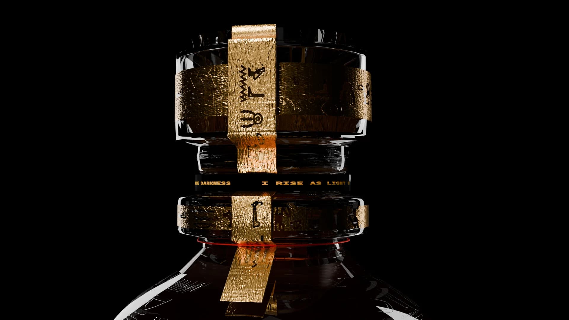 NUT Whisky bottle neck in close-up, its gold foil seal embossed with hieroglyphs against black