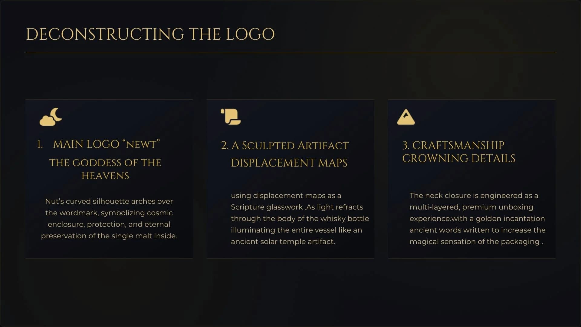 Logo deconstruction board covering the wordmark, the sculpted artifact and the crowning details