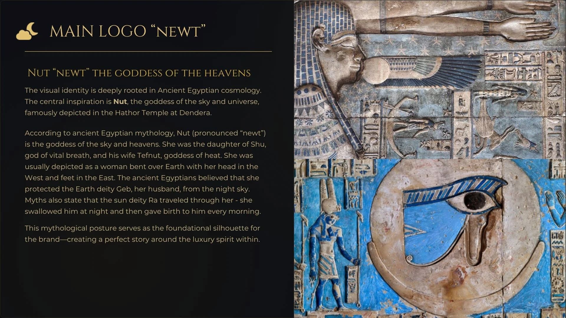Brand board on the Nut wordmark beside an ancient Egyptian relief of the Eye of Horus