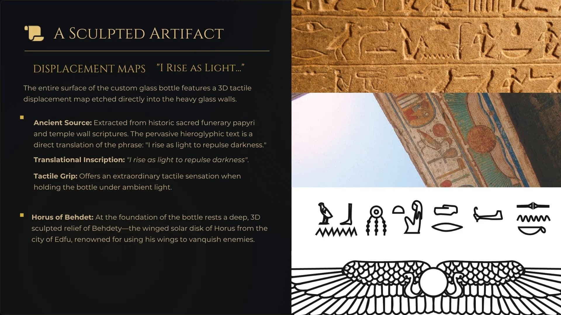 Board on displacement-mapped glass beside a carved hieroglyphic temple relief