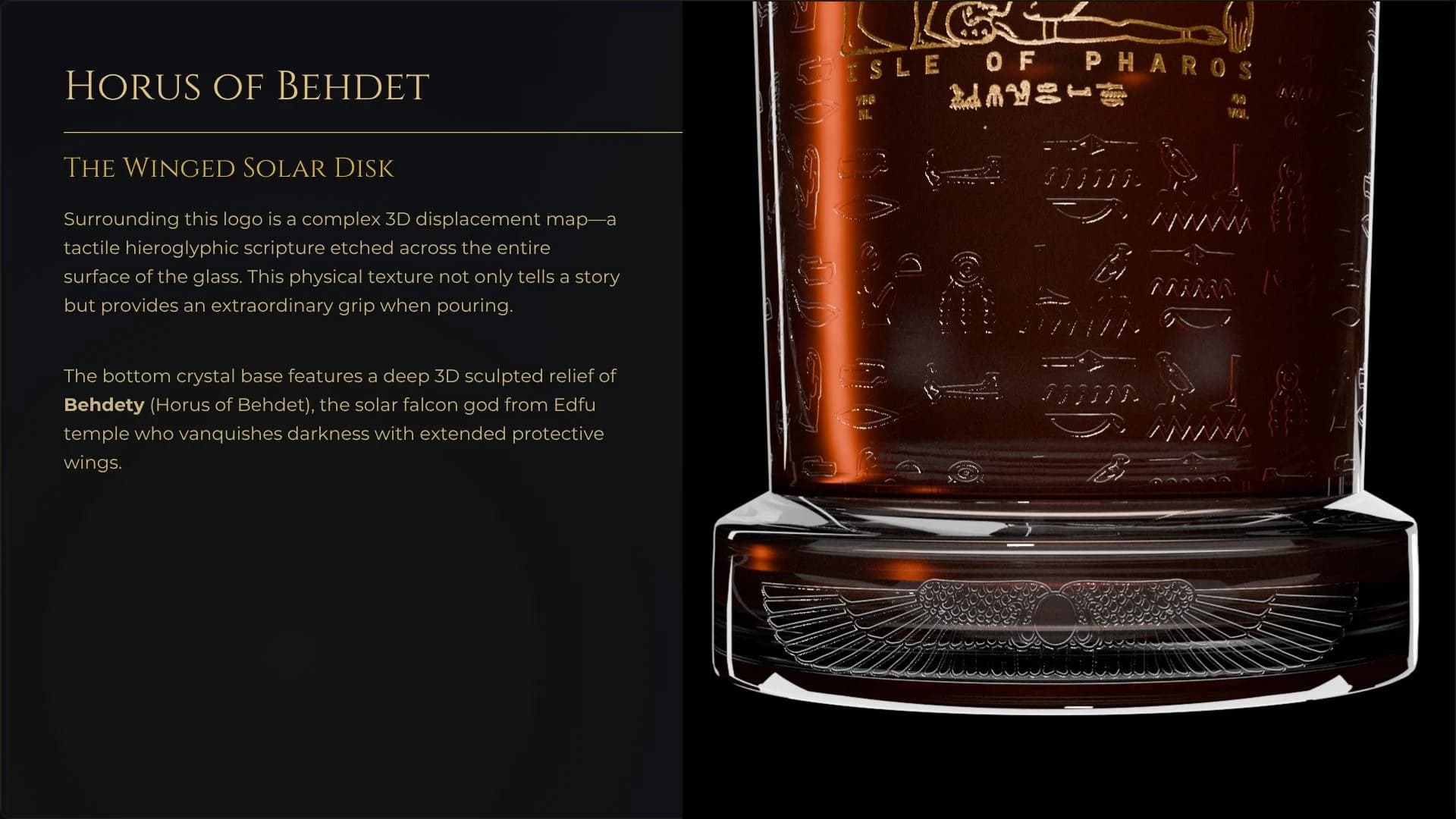 Horus of Behdet board beside the base of the whisky bottle in warm amber light