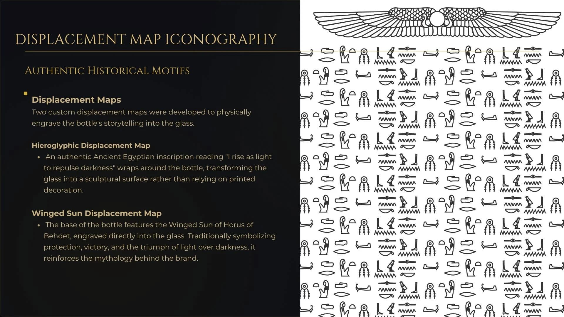 Displacement map iconography board with winged sun and hieroglyph line art