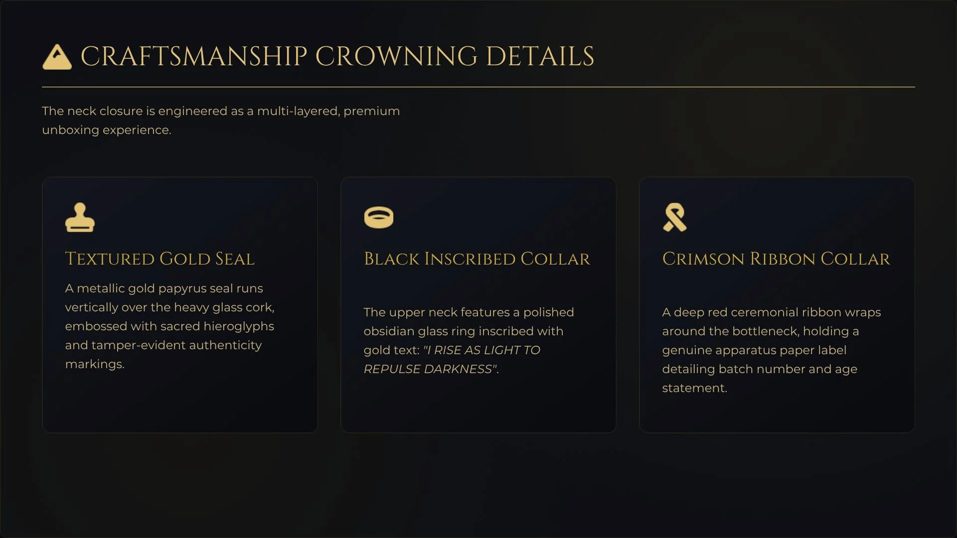 Craftsmanship board describing the gold seal, the inscribed collar and the crimson ribbon