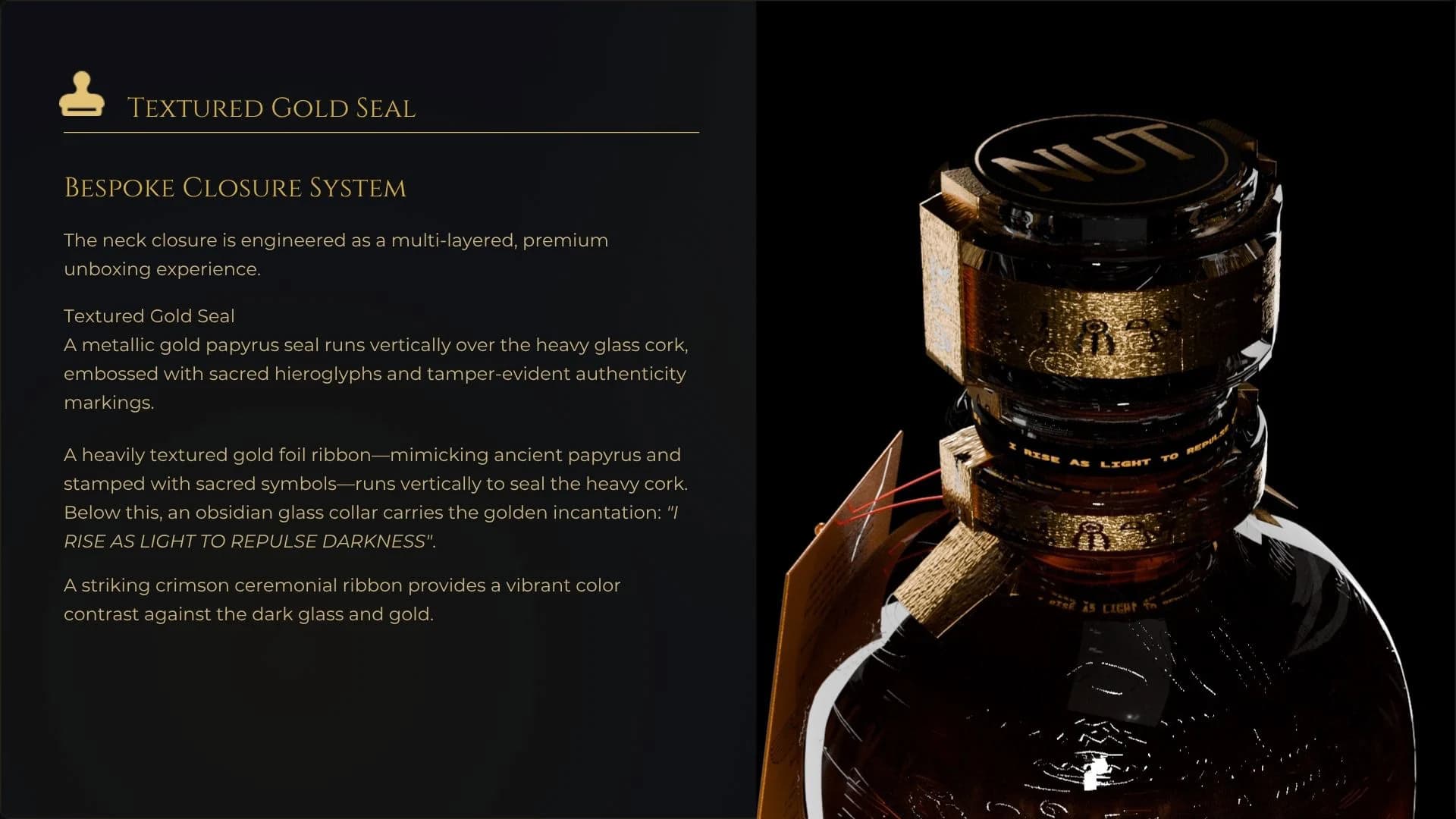 Textured gold seal board beside the bottle's closure lit against black