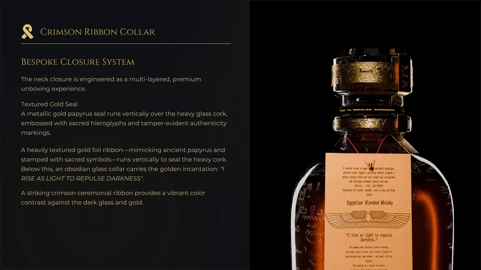 Crimson ribbon collar board beside the bottle and its hanging paper label