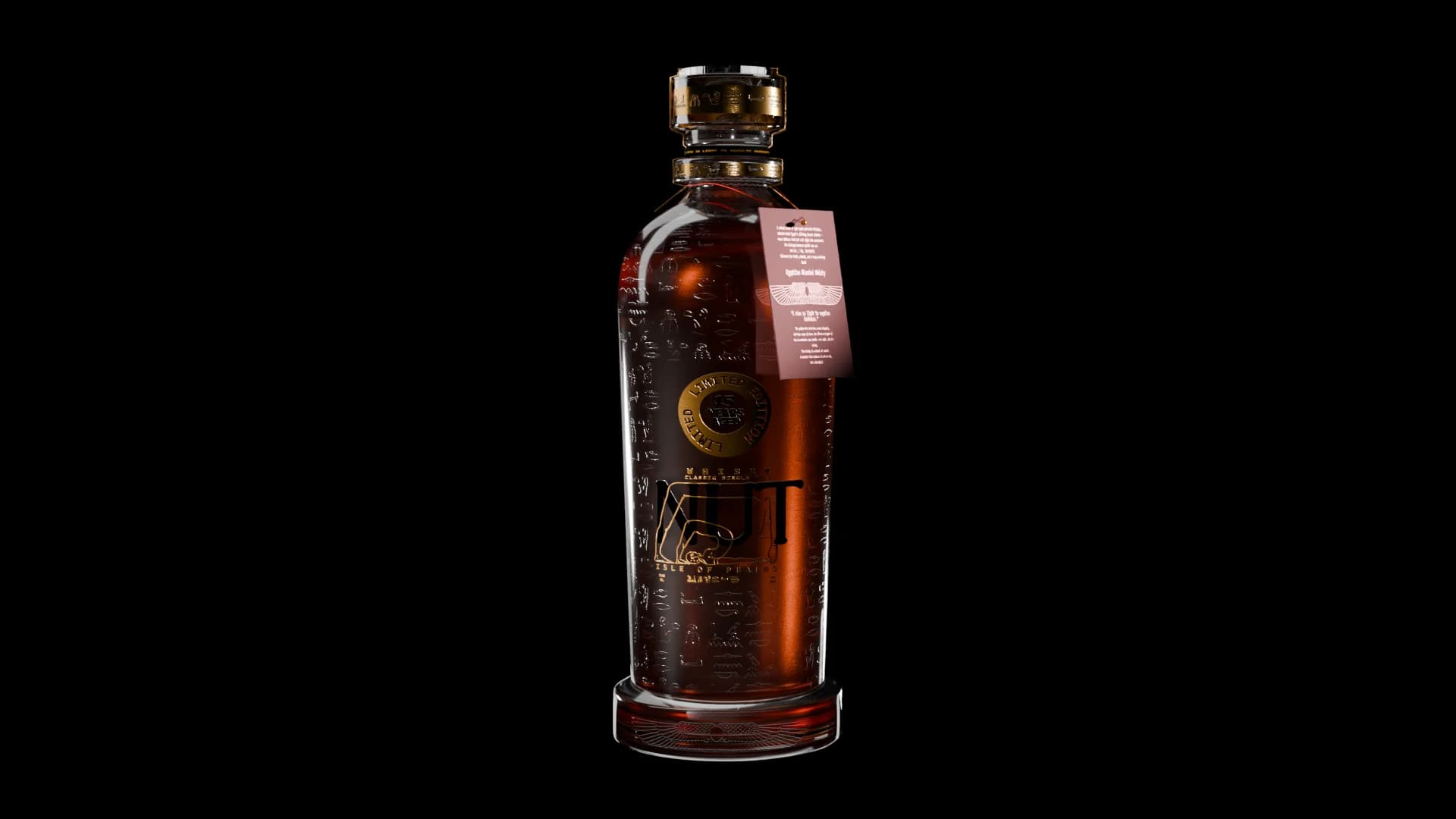 The full NUT Whisky bottle standing lit against black