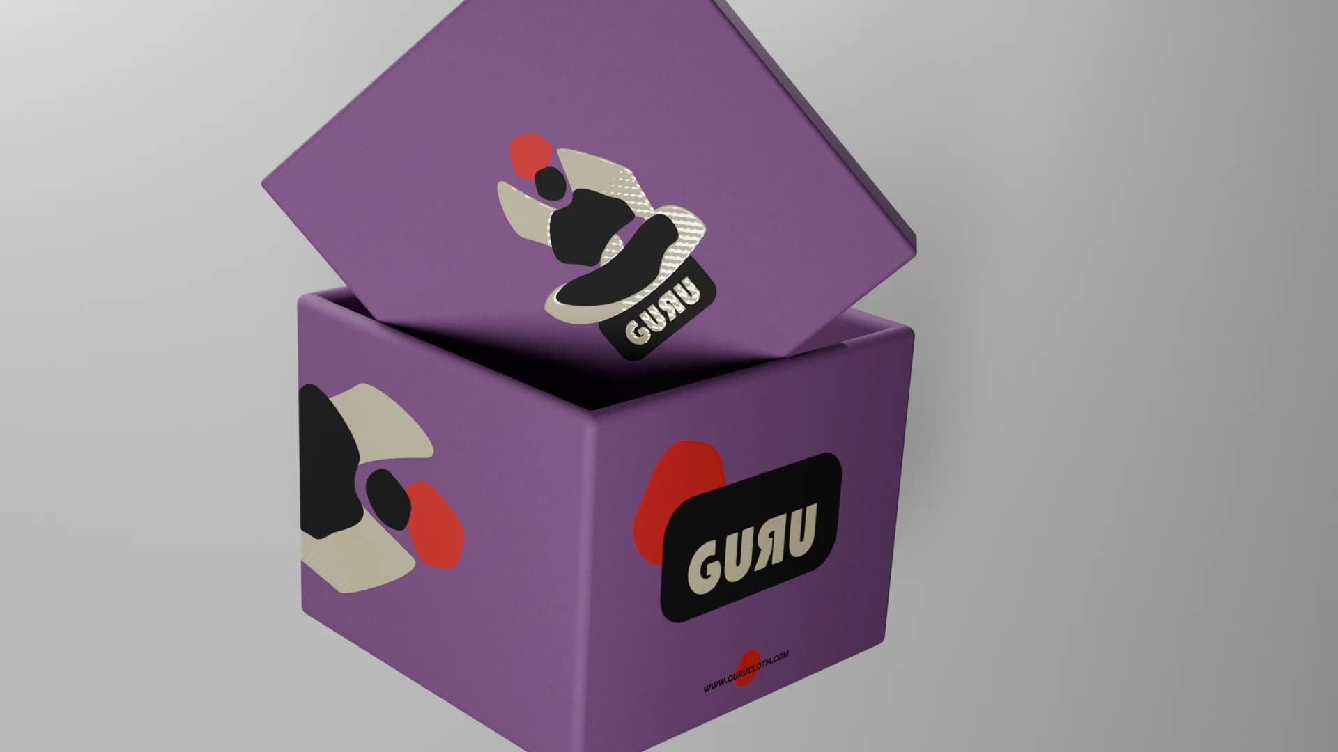 Purple GURU box with its lid lifted, on a grey backdrop