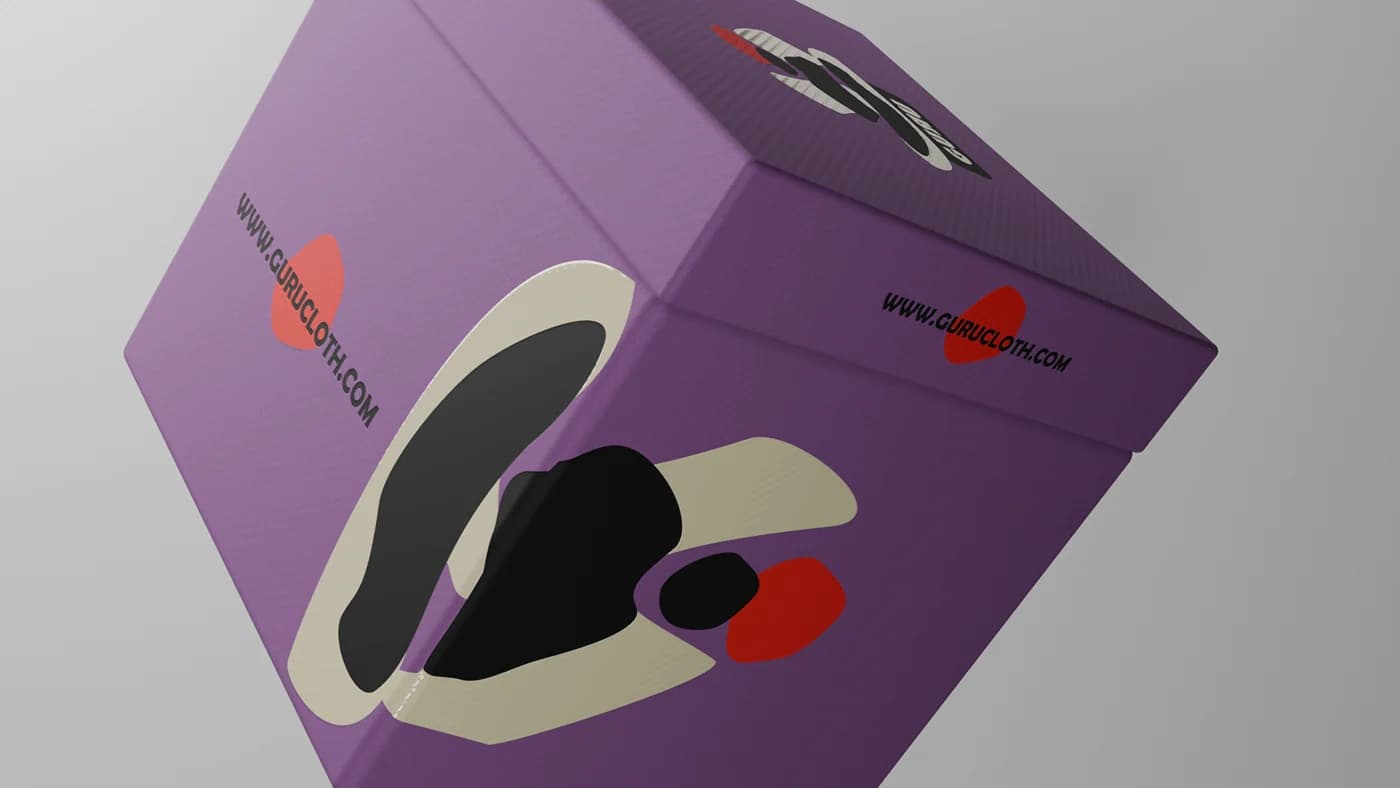 Three-quarter view of the GURU box showing the printed graphics