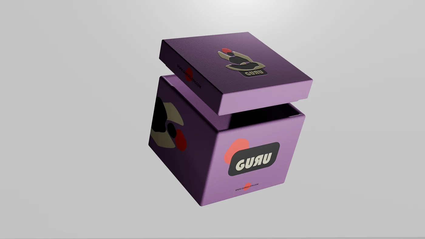 The GURU box floating with its lid above, on a pale backdrop