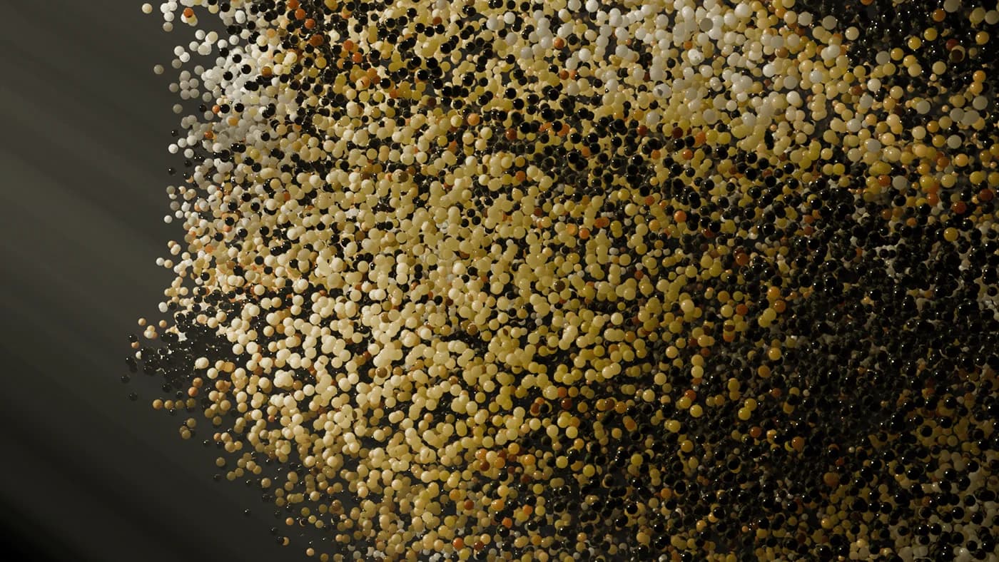 Close view of the packed sphere field in gold and cream