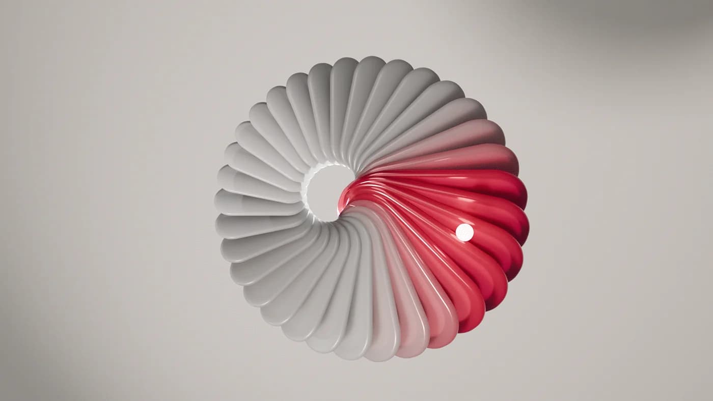 The pleated disc seen face-on in white with one red segment