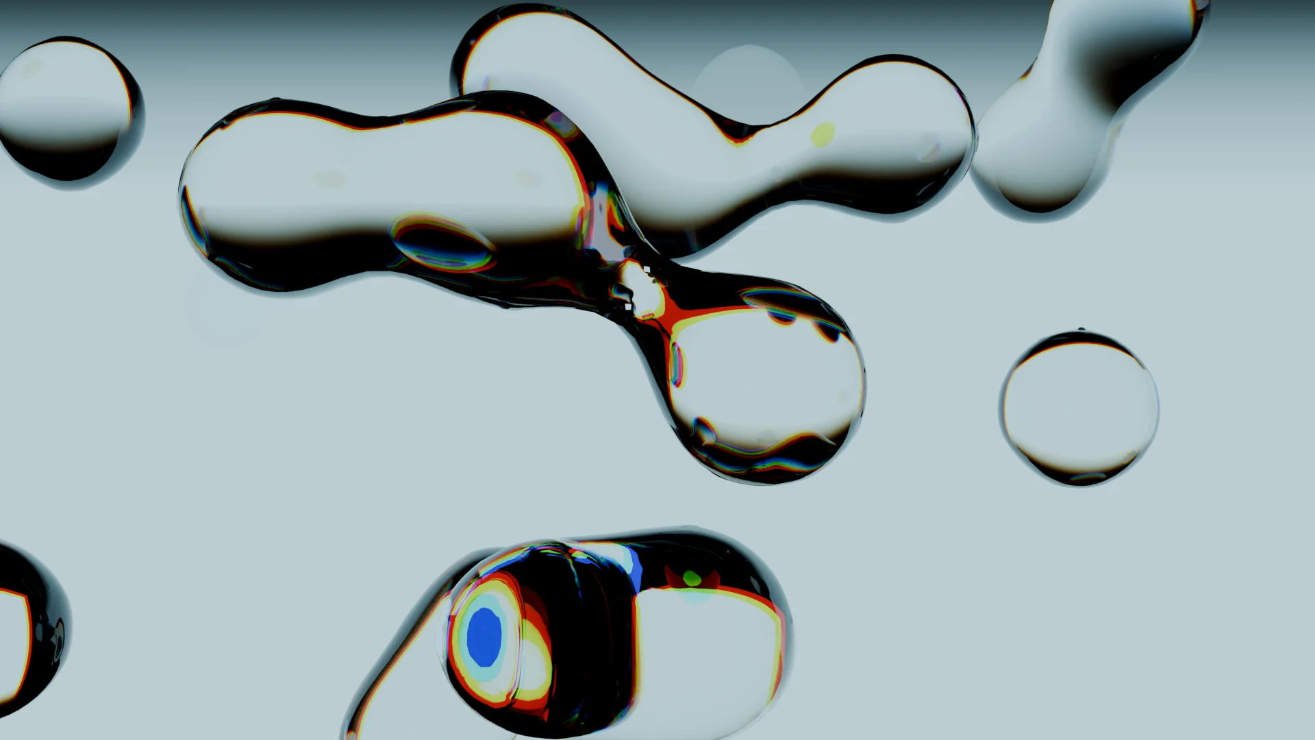Chrome-like metaballs splitting apart above a pale horizon