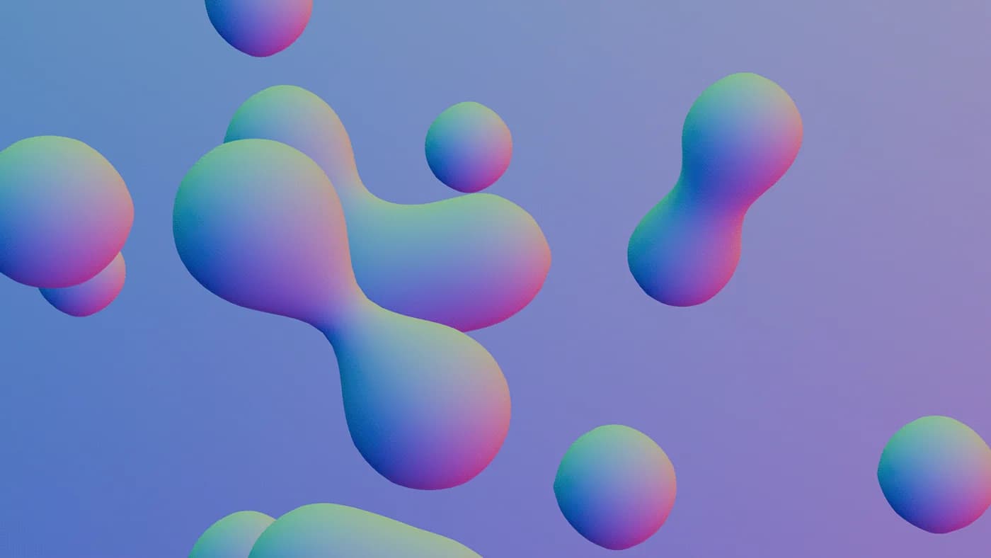 Iridescent metaballs dividing against a violet gradient