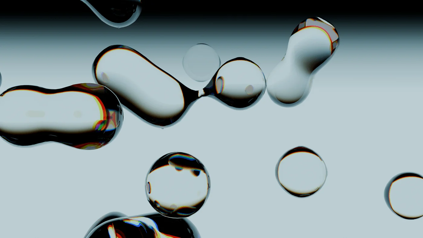 Metaball forms separating over a reflective surface